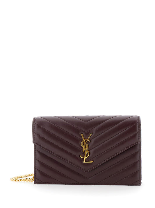 Saint Laurent Women Bordeaux Mini Bag With Cassandre Plaque On The Front And Chain-Link Shoulder Strap In Quilted Leather Woman