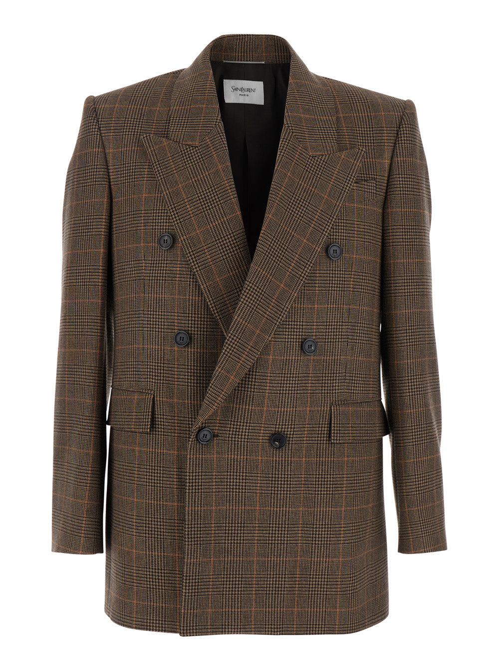 Saint Laurent Men Brown Double-Breasted Jacket With Peak Revers And Stripe Motif In Wool Man