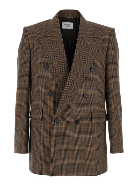 Saint Laurent Men Brown Double-Breasted Jacket With Peak Revers And Stripe Motif In Wool Man