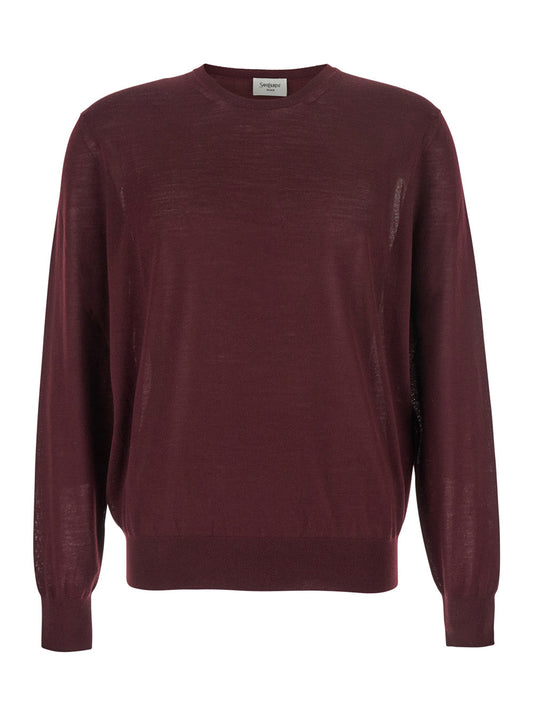 Saint Laurent Men Bordeaux Crewneck Sweater With Cassandre In Cashmere Man