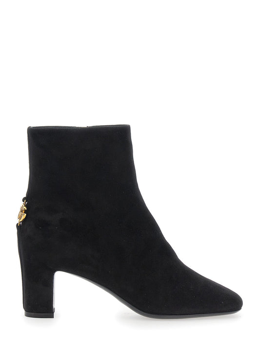 Dolce & Gabbana Women Black Ankle Boots With Dg Logo Plaque On The Back In Suede Woman