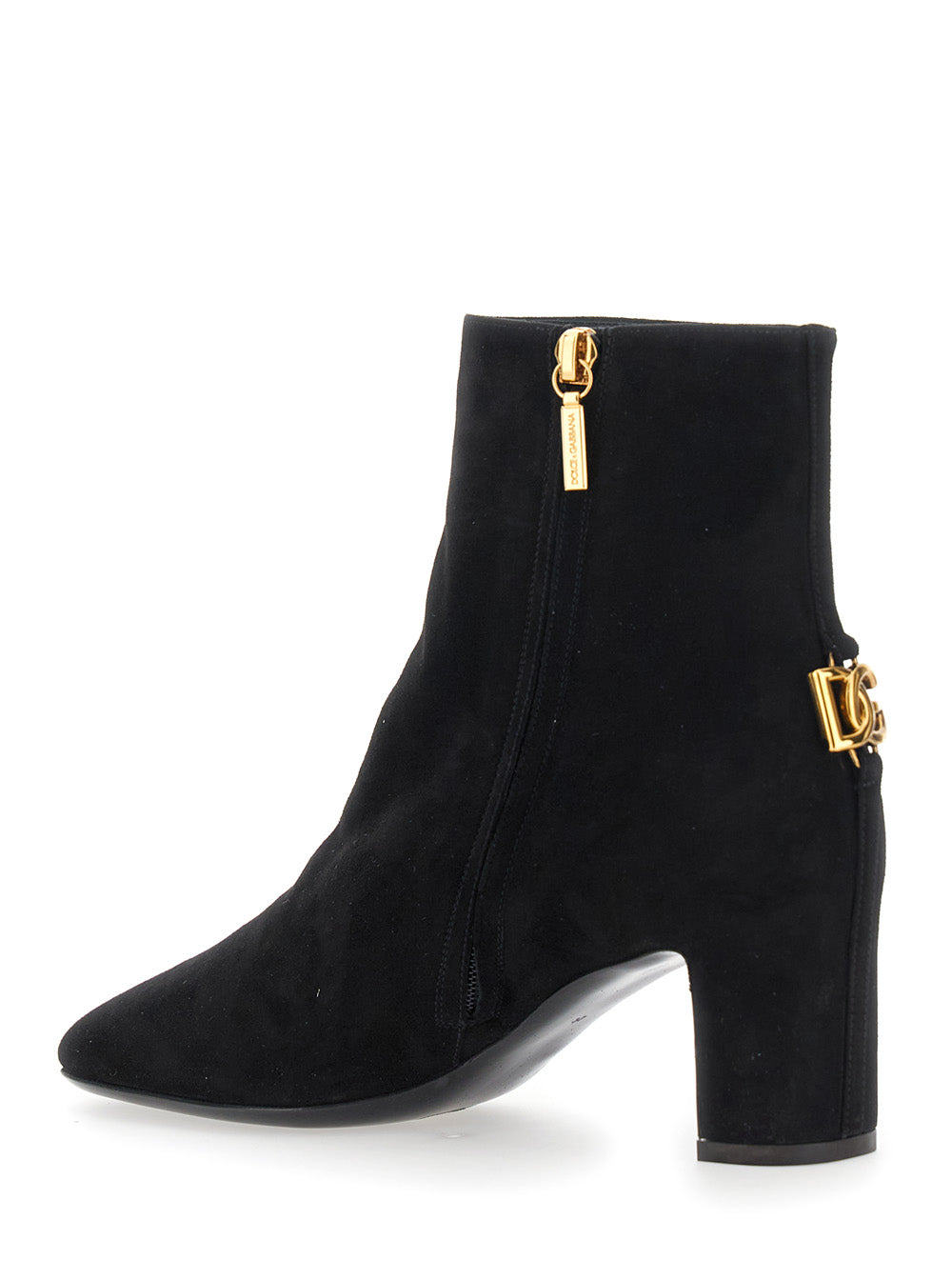 Dolce & Gabbana Women Black Ankle Boots With Dg Logo Plaque On The Back In Suede Woman