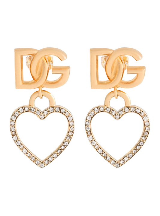 Dolce & Gabbana Women Metallic Earings With Logo Plaque And Heart Pendant In Brass And Glass Woman