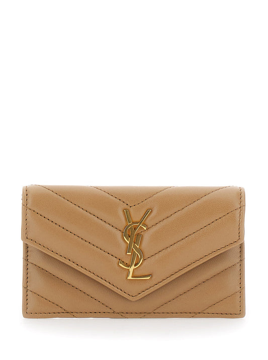 Saint Laurent Women Beige Quilted Wallet With Cassandre Plaque On The Front In Leather Woman