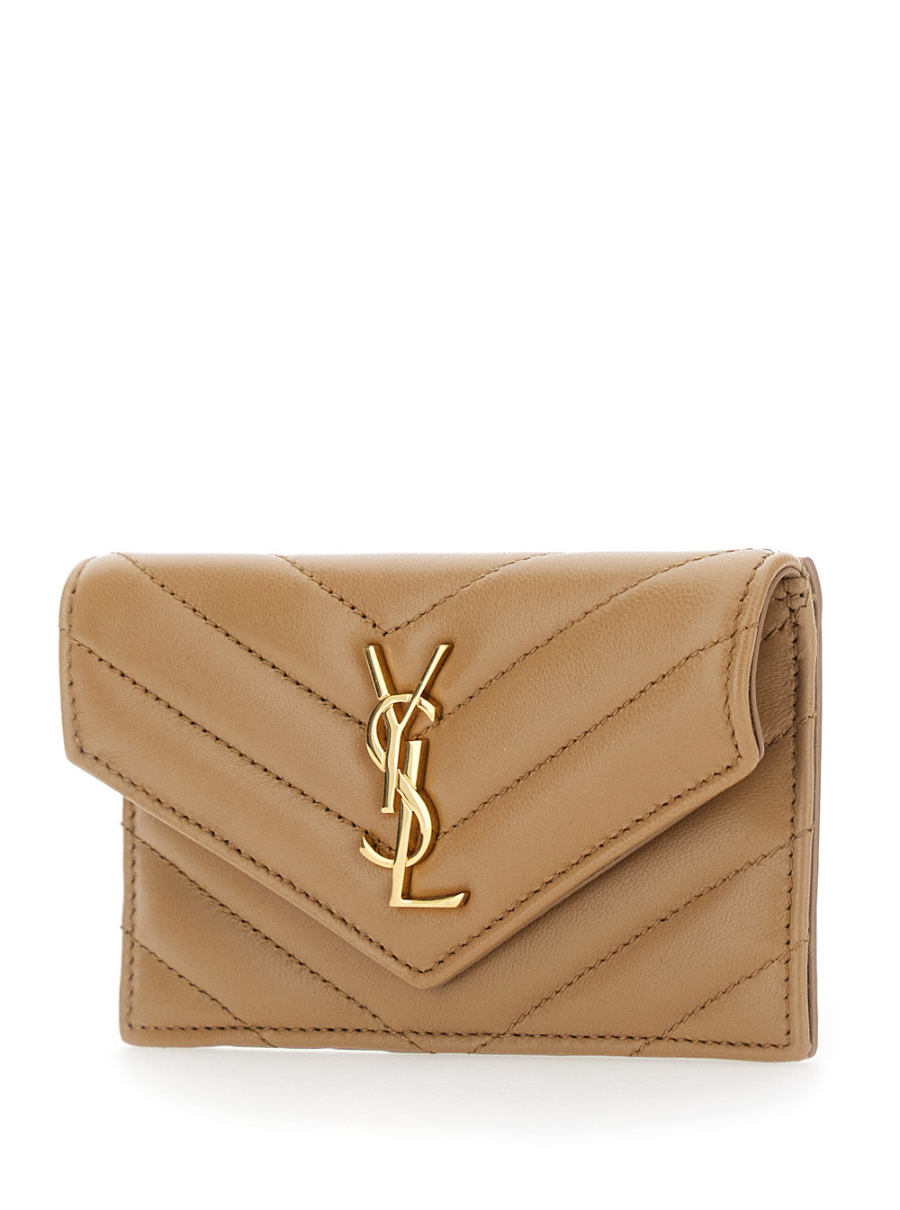 Saint Laurent Women Beige Quilted Wallet With Cassandre Plaque On The Front In Leather Woman