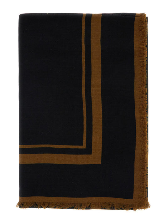 Saint Laurent Men Black Square Scarf With Cassandre On The Front And Leopard Motif In Wool Woman