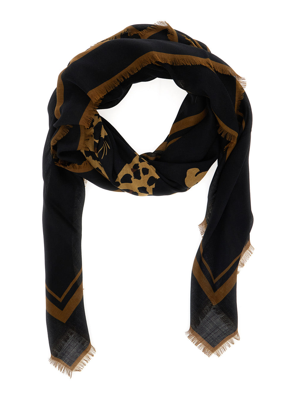 Saint Laurent Men Black Square Scarf With Cassandre On The Front And Leopard Motif In Wool Woman