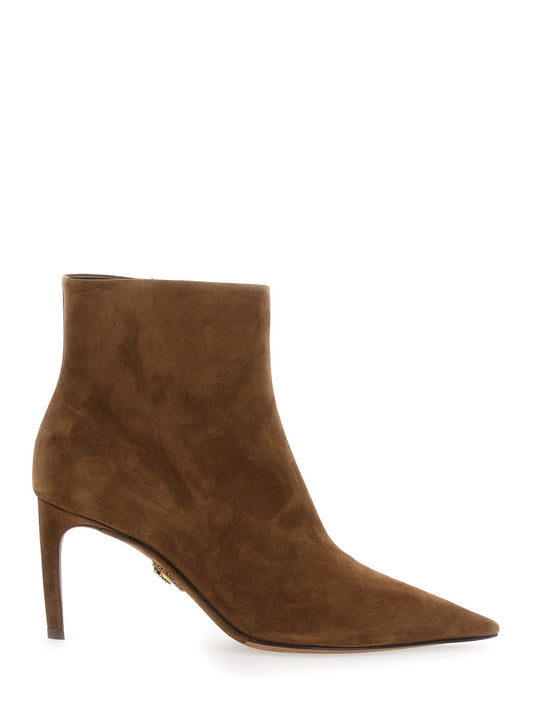 Dolce & Gabbana Women Beige Ankle Boots With Pointed Toe And Metallic Logo In Suede Woman