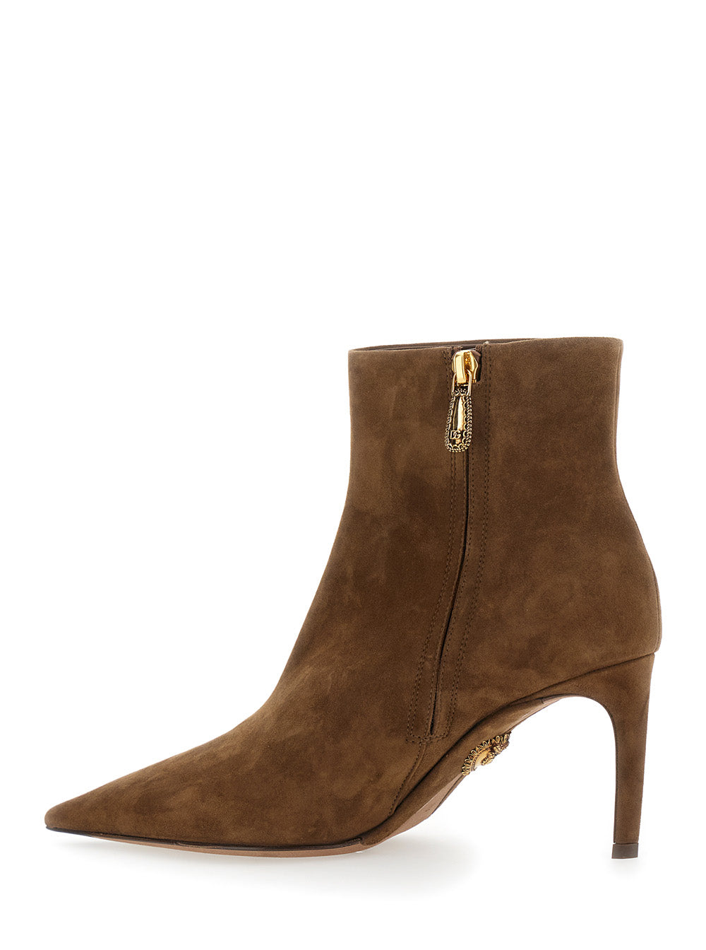 Dolce & Gabbana Women Beige Ankle Boots With Pointed Toe And Metallic Logo In Suede Woman