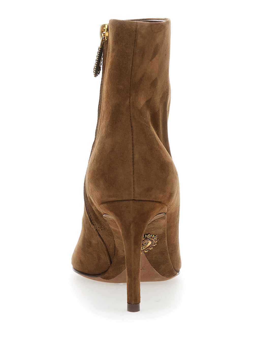 Dolce & Gabbana Women Beige Ankle Boots With Pointed Toe And Metallic Logo In Suede Woman