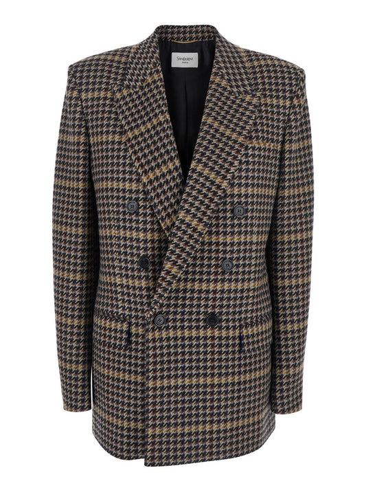 Saint Laurent Women Brown Double-Breasted Jacket With Notched Revers And All-Over Check Motif In Wool Woman