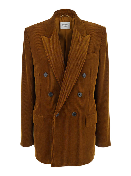 Saint Laurent Women Brown Double-Breasted Jacket With Notched Revers And In Corduroy Woman