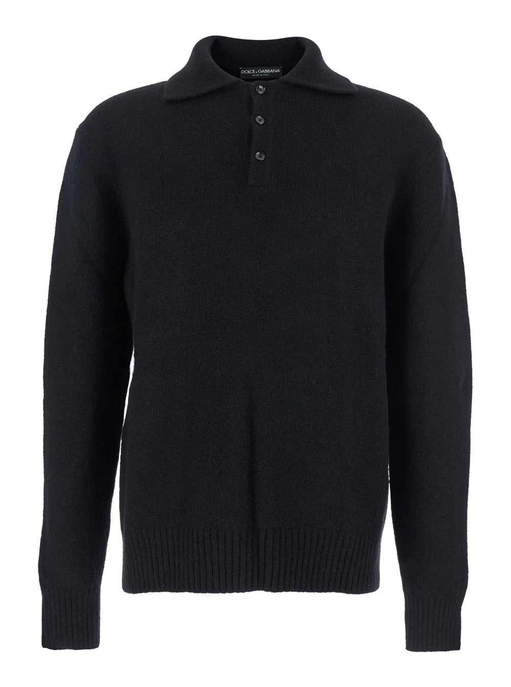 Dolce & Gabbana Men Black Sweater With Polo Collar And Back Logo Patch In Wool Man
