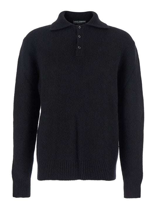 Dolce & Gabbana Men Black Sweater With Polo Collar And Back Logo Patch In Wool Man