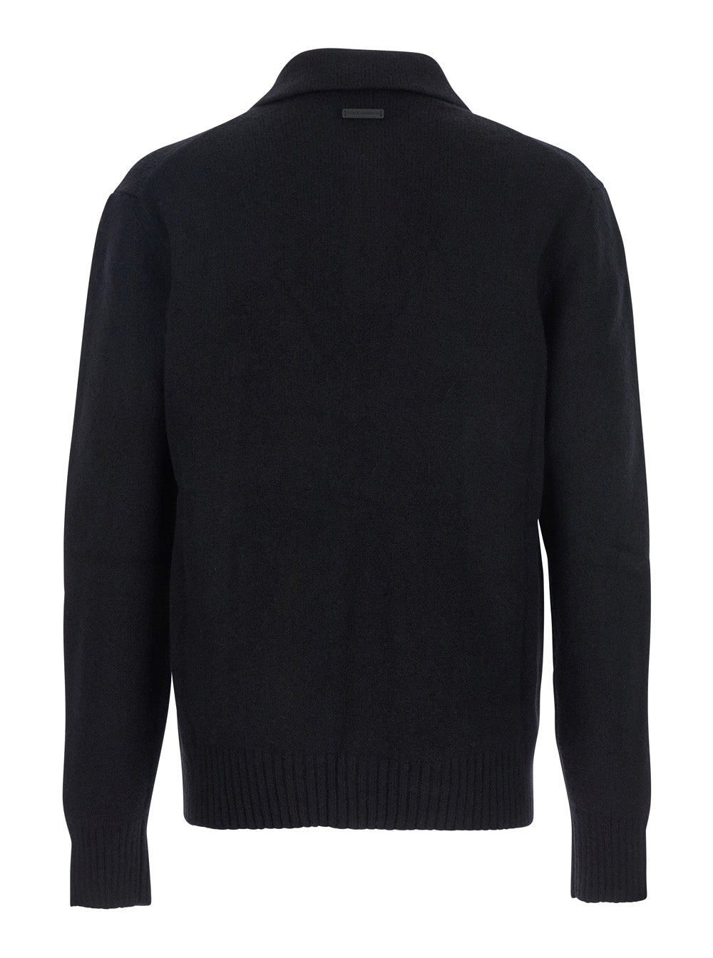 Dolce & Gabbana Men Black Sweater With Polo Collar And Back Logo Patch In Wool Man