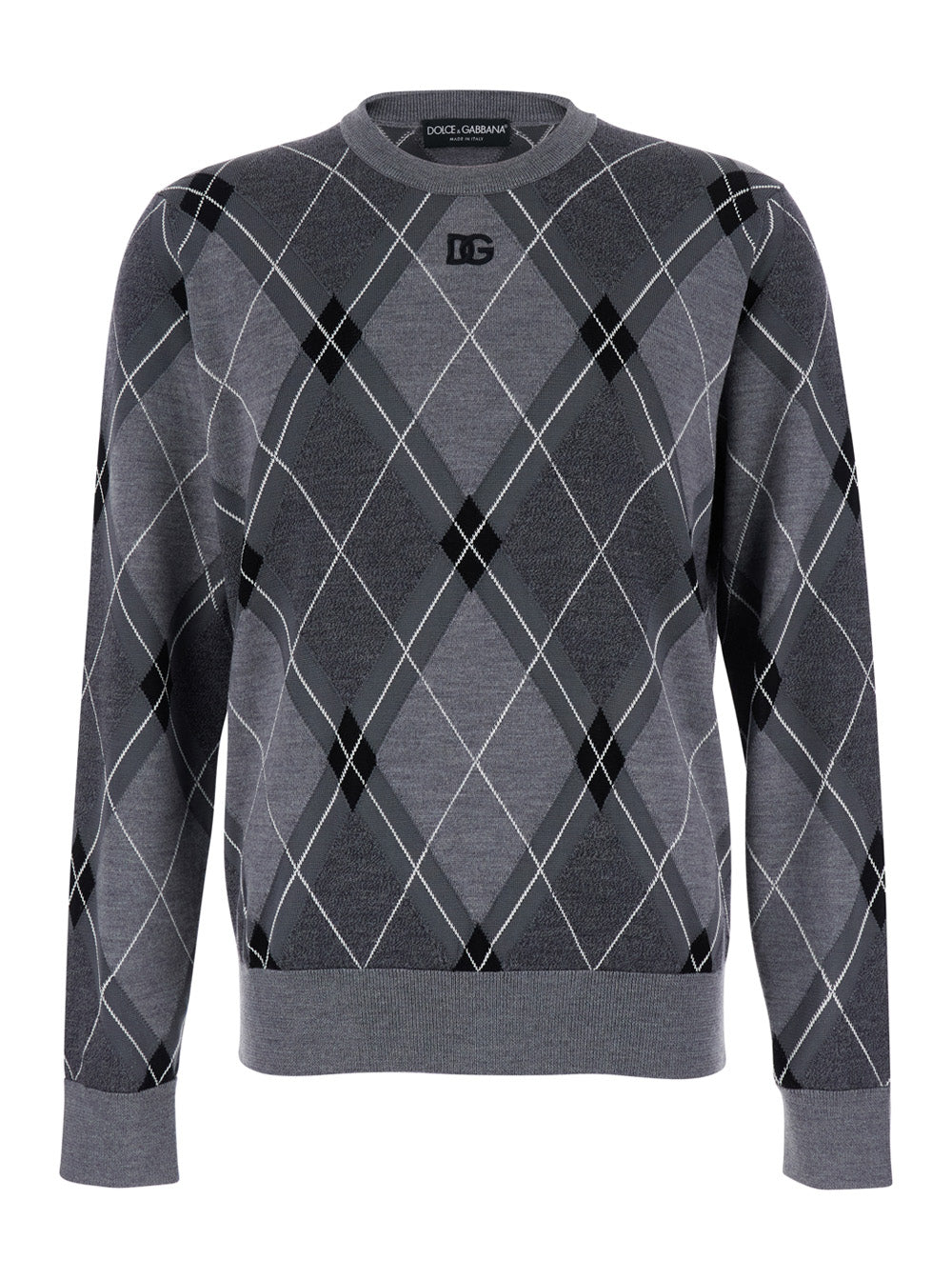 Dolce & Gabbana Men Grey Crew Neck Sweater With Front Logo And Diamond Pattern In Wool Blend Man