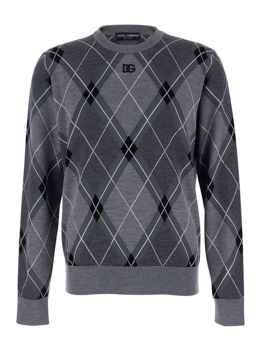 Dolce & Gabbana Men Grey Crew Neck Sweater With Front Logo And Diamond Pattern In Wool Blend Man
