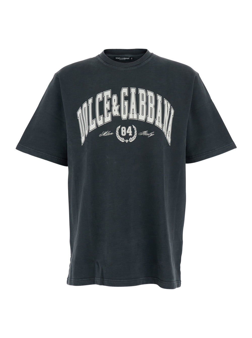 Dolce & Gabbana Men Dark Grey Crewneck T-Shirt With Logo Lettering Print On The Front In Cotton Man