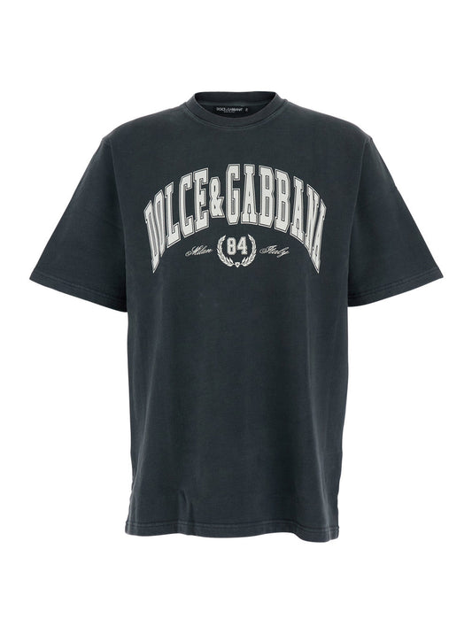 Dolce & Gabbana Men Dark Grey Crewneck T-Shirt With Logo Lettering Print On The Front In Cotton Man