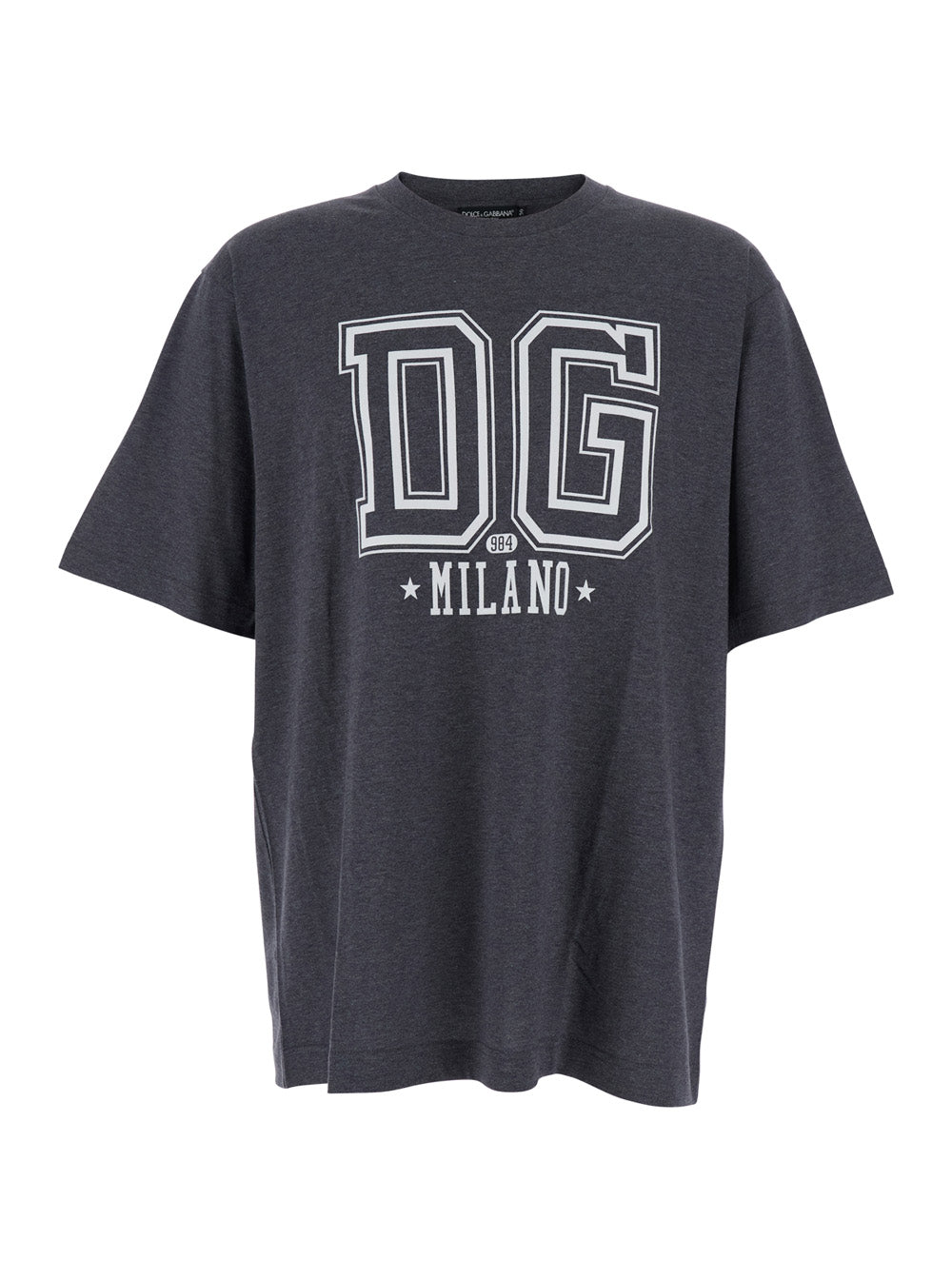 Dolce & Gabbana Men Grey Crewneck T-Shirt With Logo Print On The Front In Cotton Man