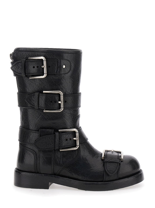 Dolce & Gabbana Women Black Ankle Boots With All-Over Buckles In Leather Woman