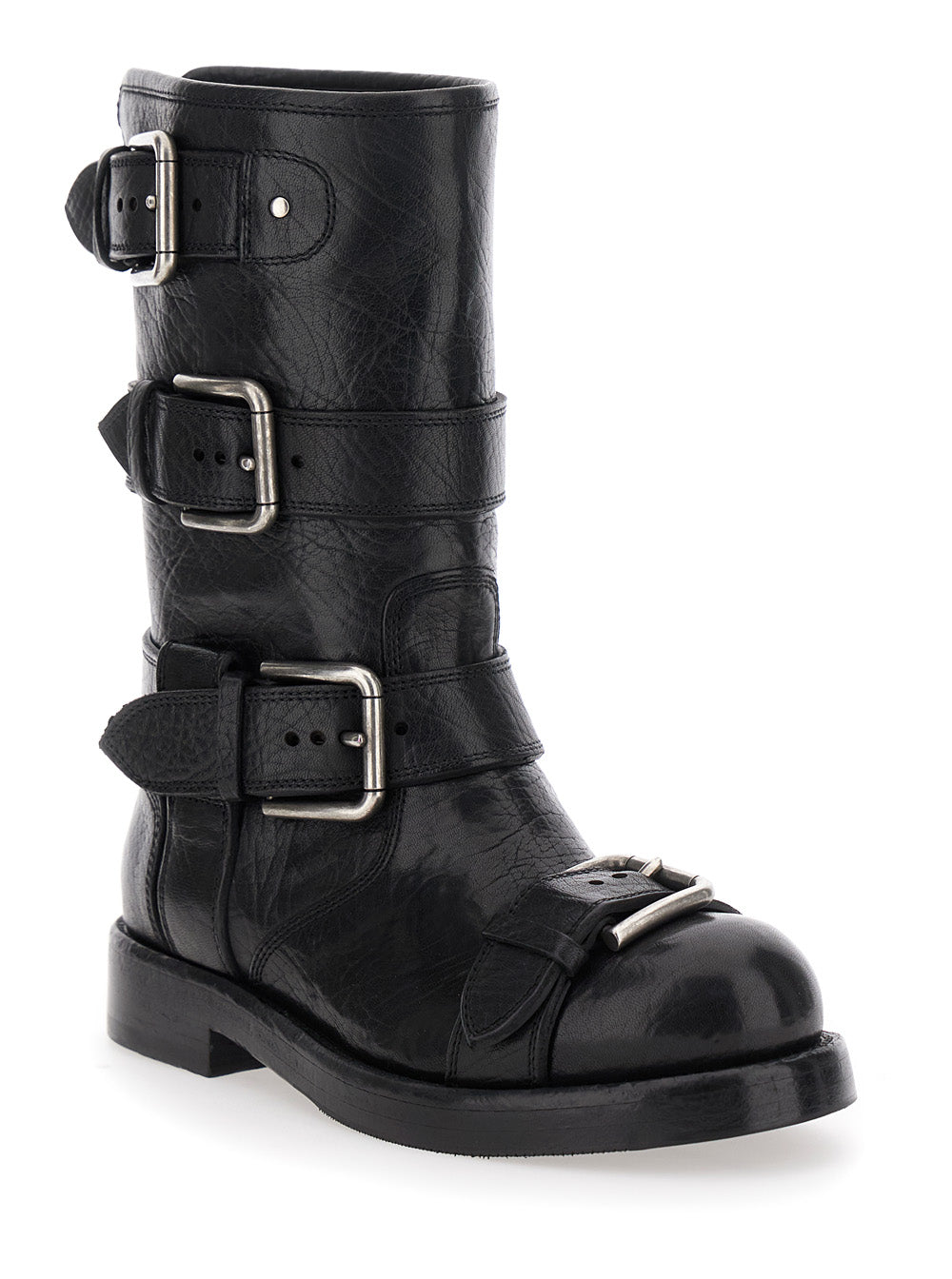 Dolce & Gabbana Women Black Ankle Boots With All-Over Buckles In Leather Woman