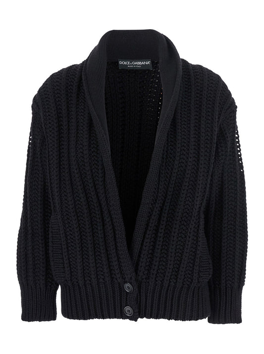 Dolce & Gabbana Women Black Cardigan With Wide Neckline On The Front In Virgin Wool Woman