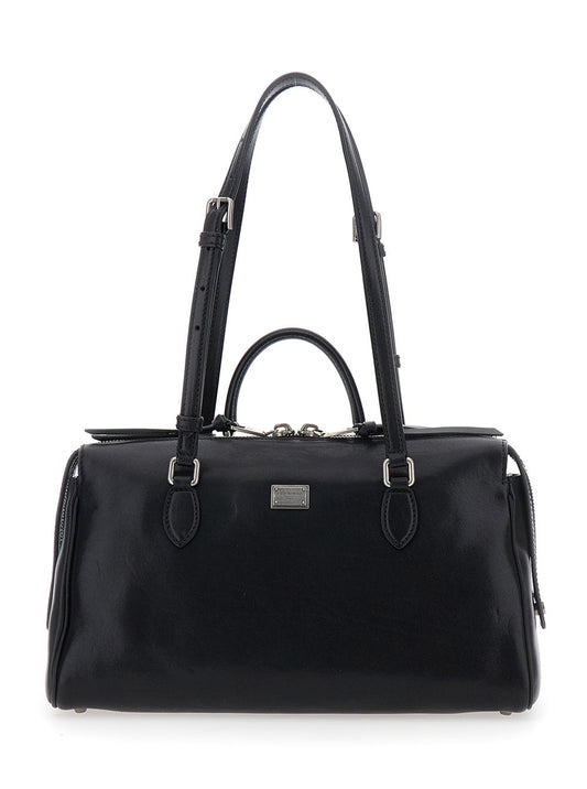 Dolce & Gabbana Women 'Vittoria' Black Handbag With Logo Plaque On The Front And Embossed Logo Lettering On The Rear In Leather Woman