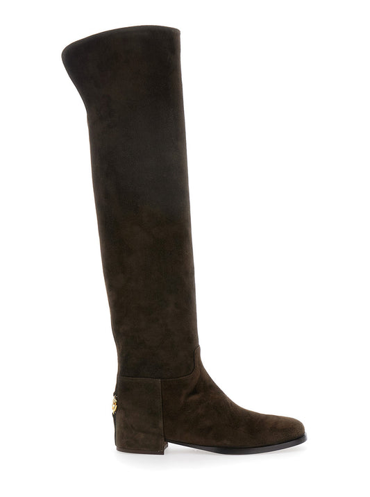 Dolce & Gabbana Women Brown Knee-High Boots With Back Logo Plaque In Suede Woman