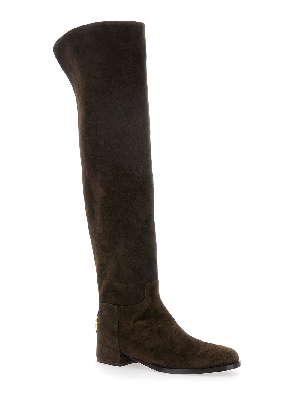 Dolce & Gabbana Women Brown Knee-High Boots With Back Logo Plaque In Suede Woman