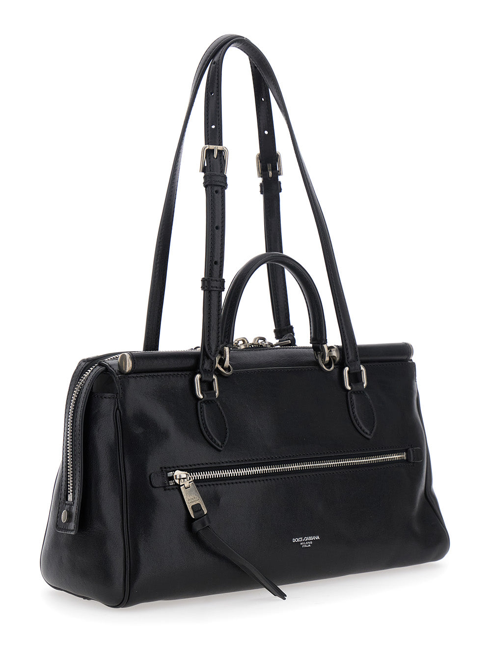 Dolce & Gabbana Women 'Vittoria' Black Handbag With Logo Plaque On The Front And Embossed Logo Lettering On The Rear In Leather Woman