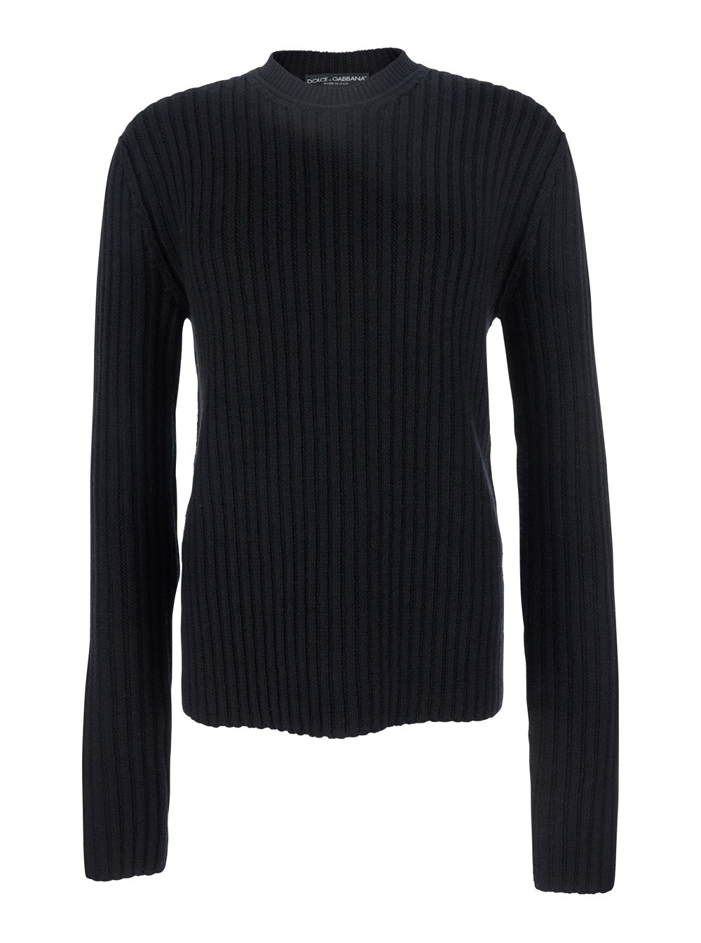 Dolce & Gabbana Men Black Ribbed Knit Crewneck Sweater With Logo Patch On The Rear In Wool Man