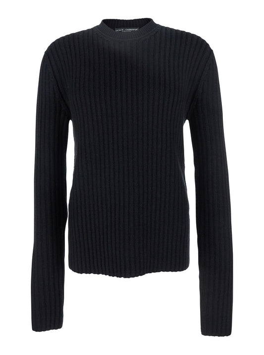 Dolce & Gabbana Men Black Ribbed Knit Crewneck Sweater With Logo Patch On The Rear In Wool Man