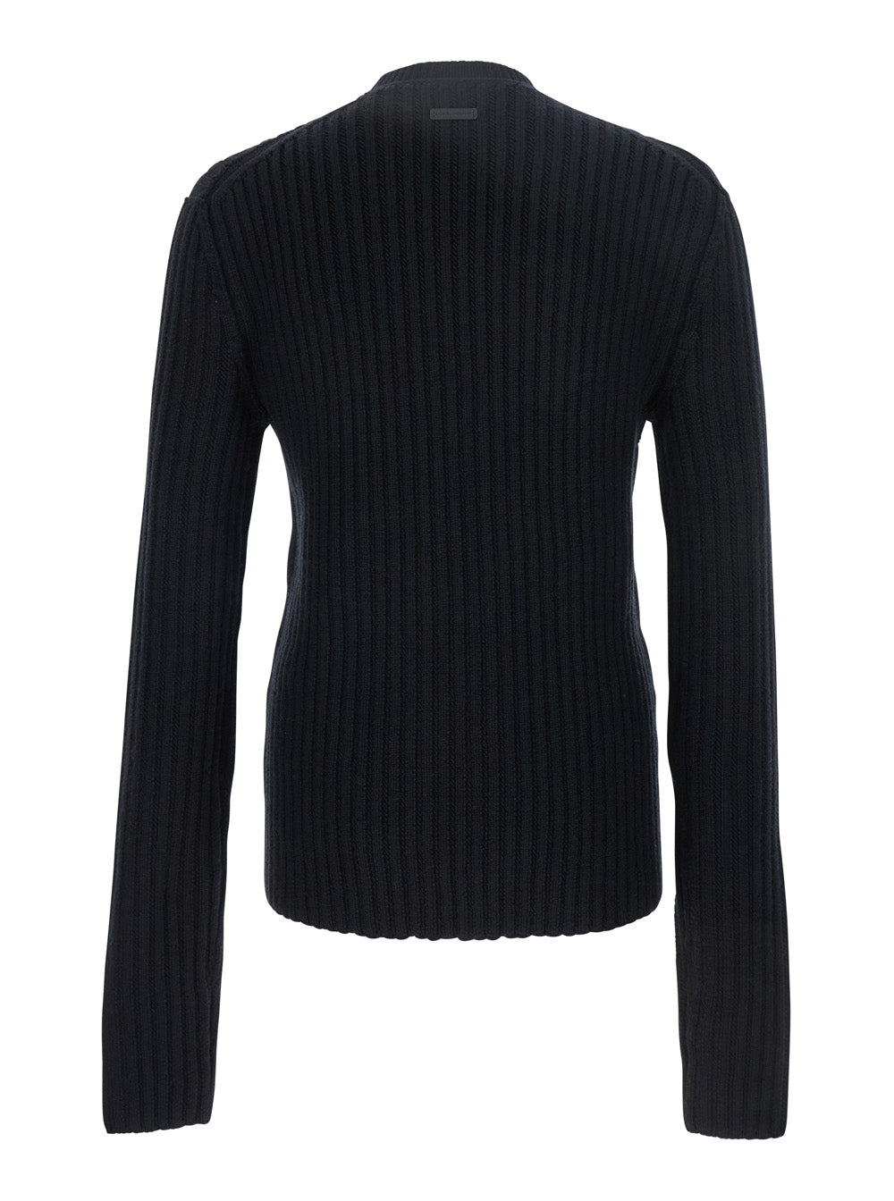 Dolce & Gabbana Men Black Ribbed Knit Crewneck Sweater With Logo Patch On The Rear In Wool Man