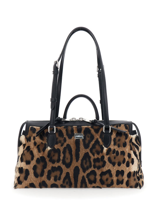 Dolce & Gabbana Women 'Vittoria' Brown Handbag With Logo Plaque On The Front And All-Over Leopard Motif In Leather Woman