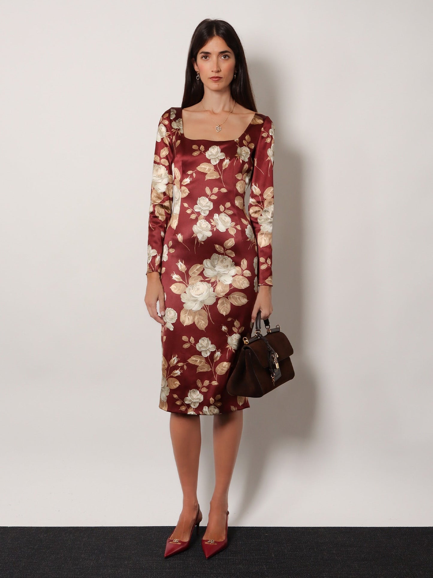 Dolce & Gabbana Women Vintage Rose Print Satin Midi Pencil Dress