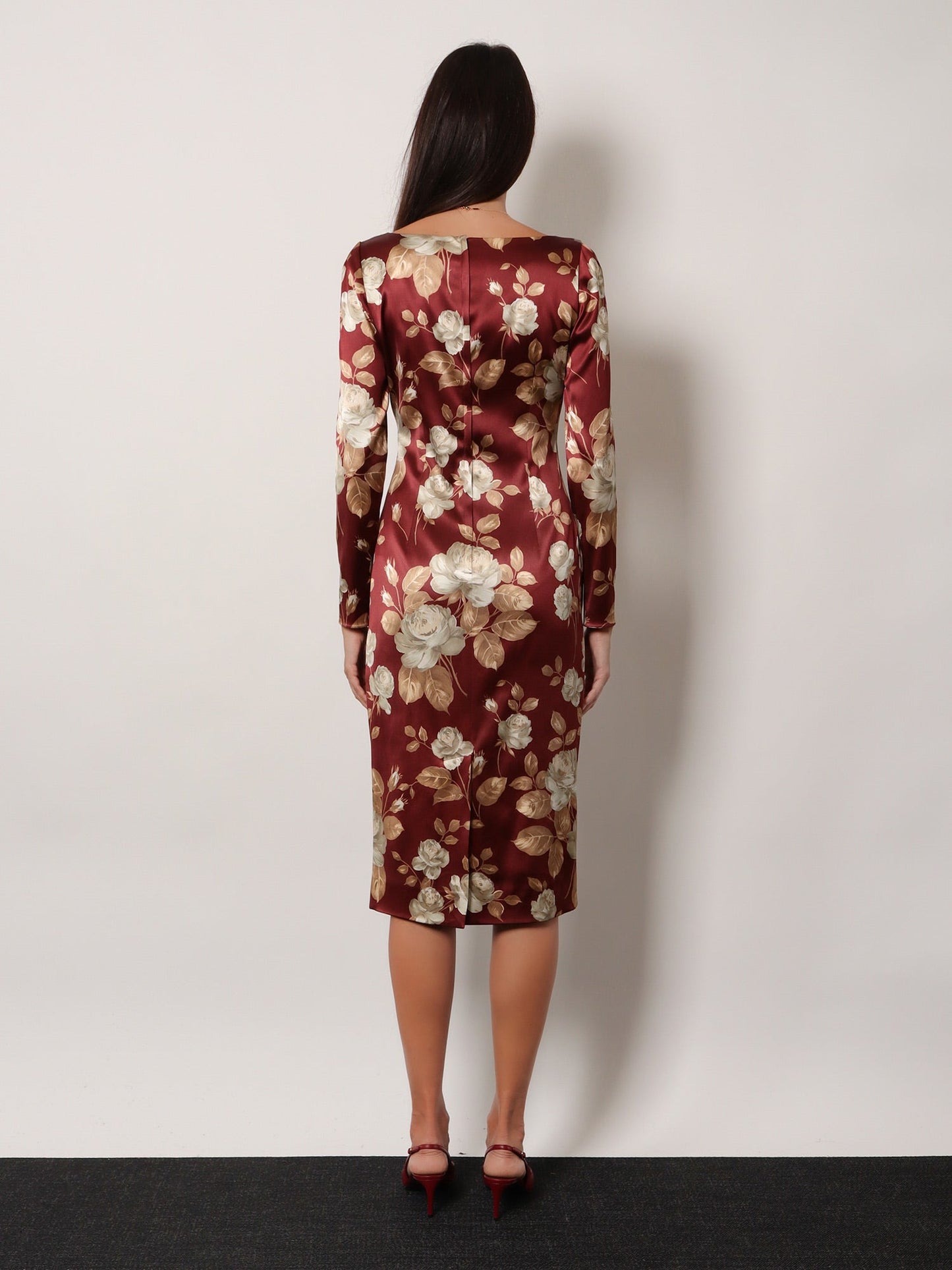 Dolce & Gabbana Women Vintage Rose Print Satin Midi Pencil Dress