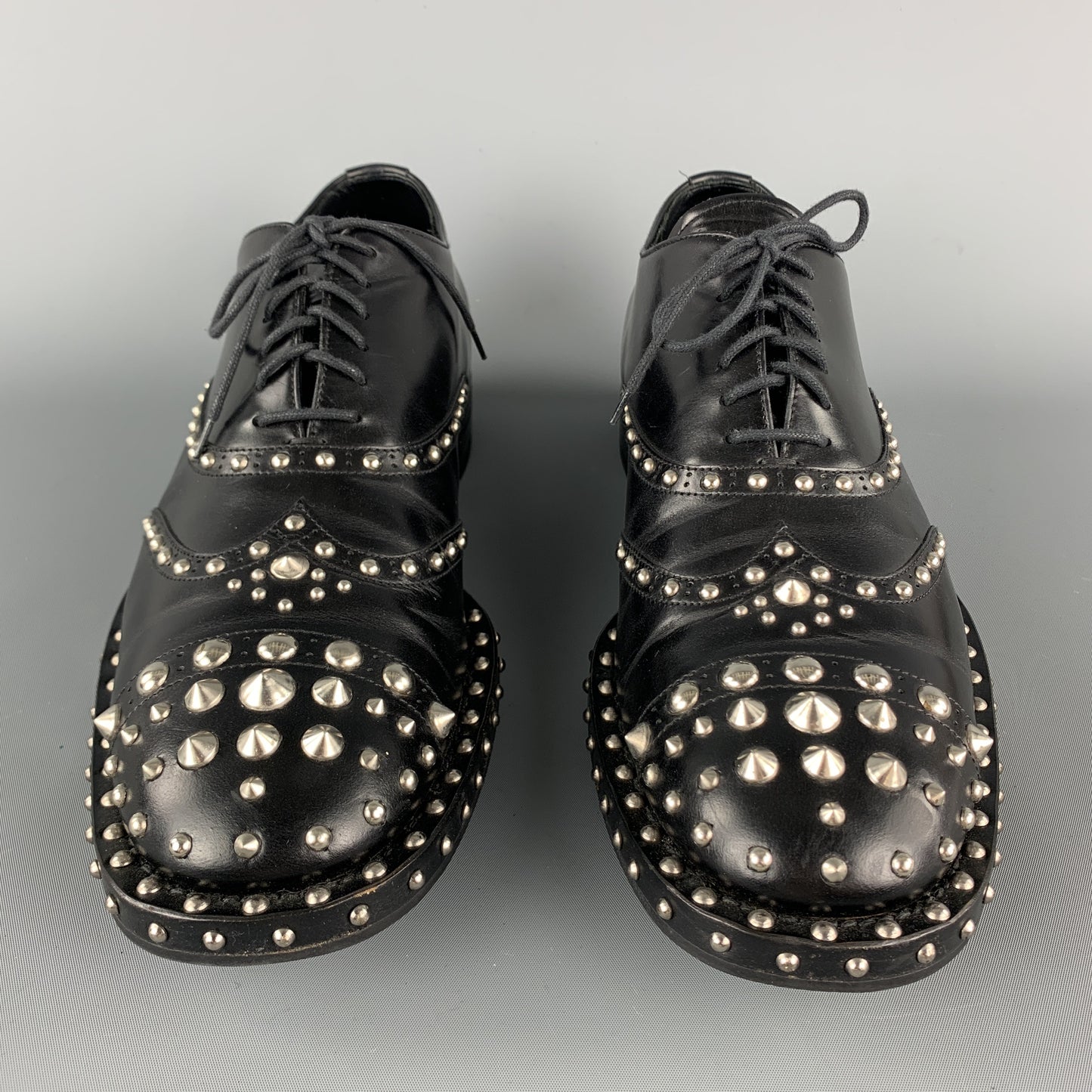 PRADA F/W 09 Size10.5 Black Studded Leather Cap Toe Lace Up Shoes