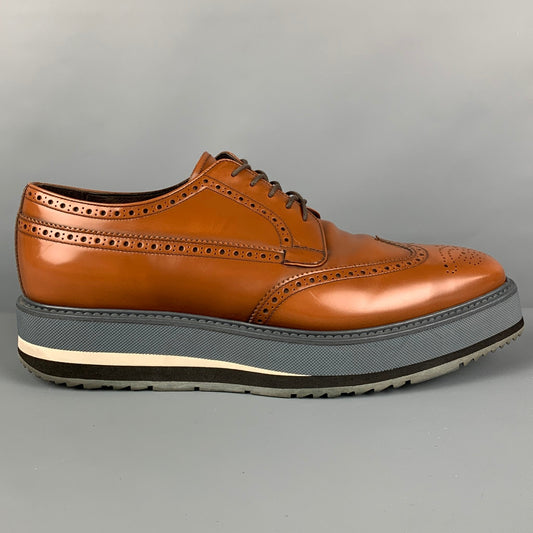 PRADA Size 9.5 Tan Grey Perforated Leather Wingtip Lace Up Shoes