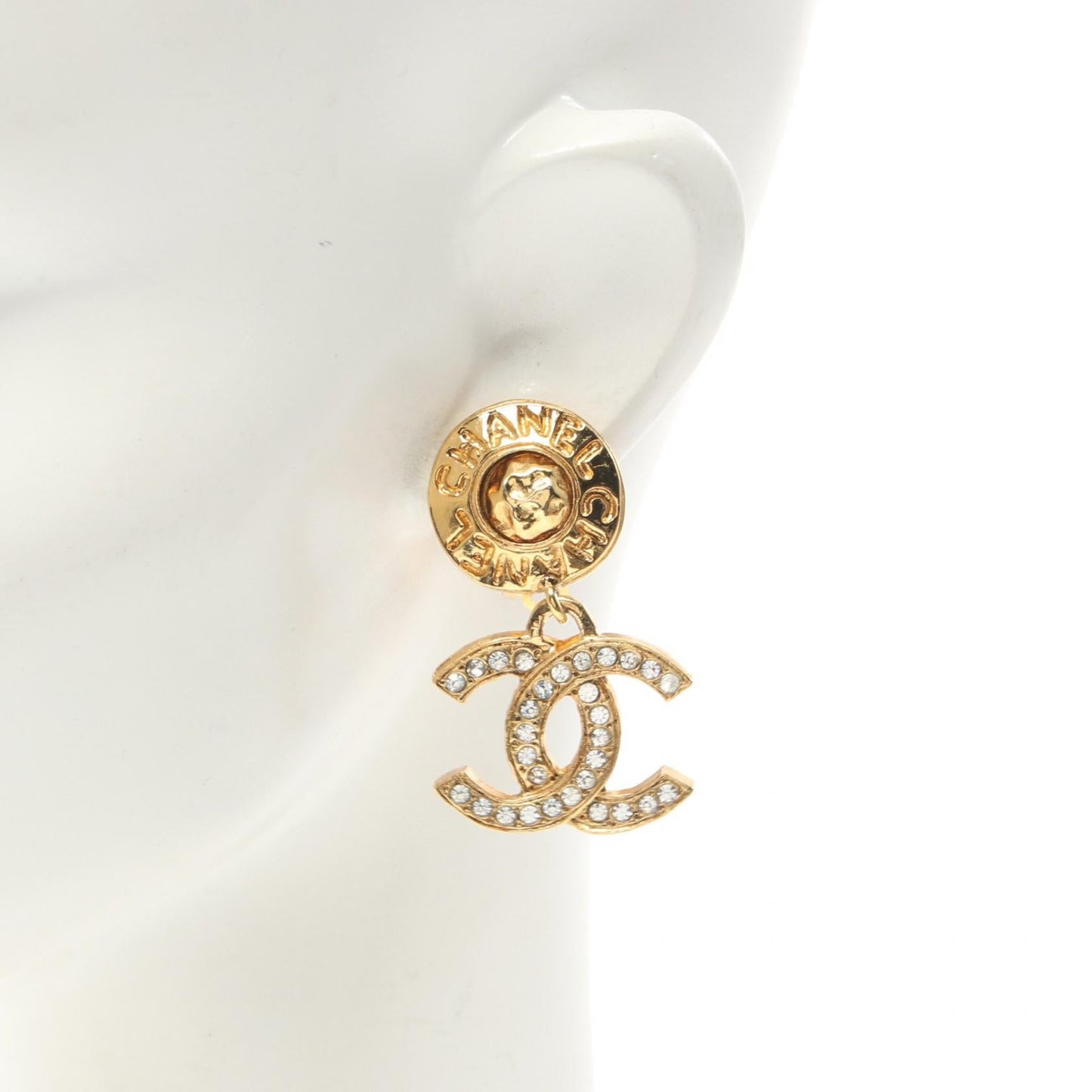 Chanel Coco Mark Earrings Gold Plated Rhinestone