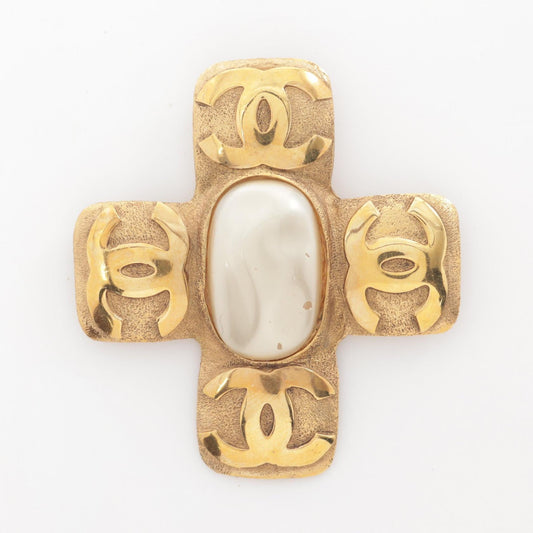 Chanel Coco Mark Brooch Gold Plated Faux Pearl