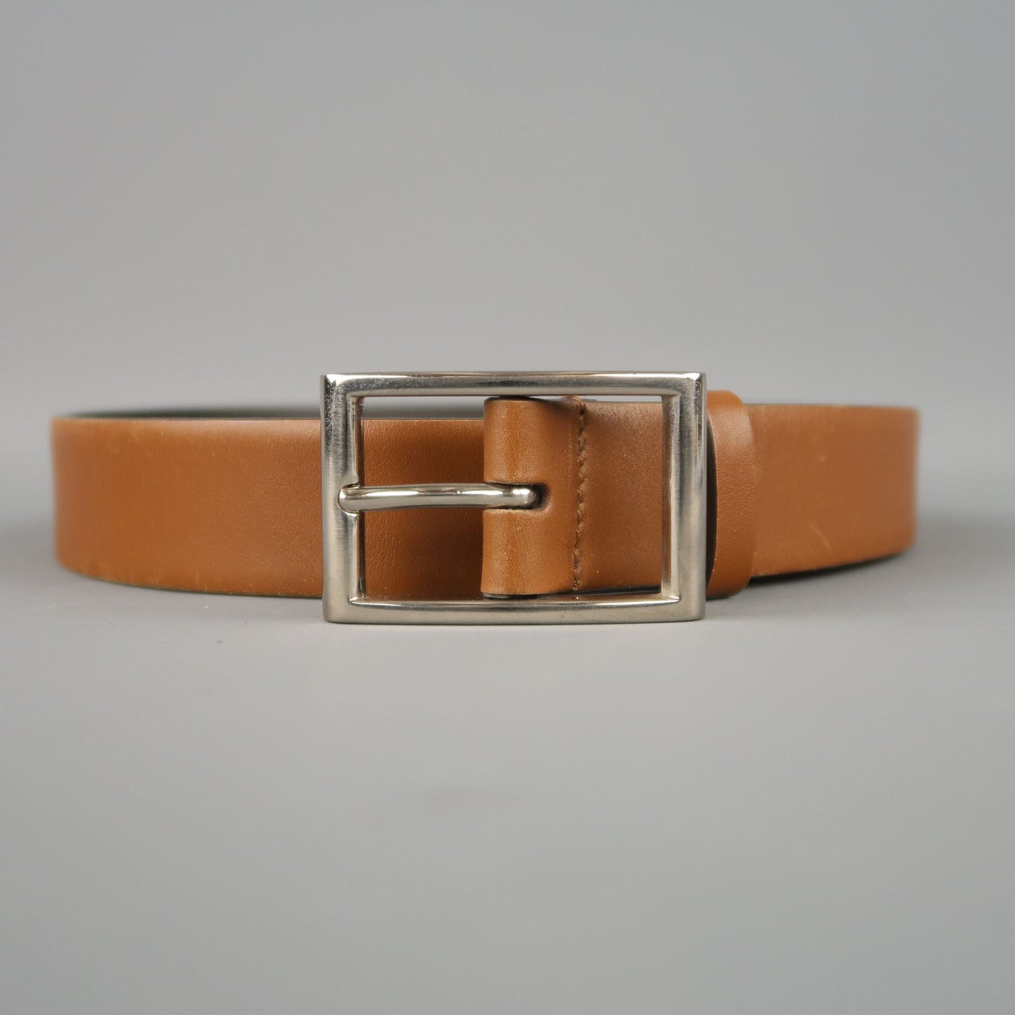PRADA Tan Leather Silver Rectangle Buckle Belt
