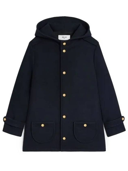 CELINE Triomphe Hooded Wool Single Coat Navy