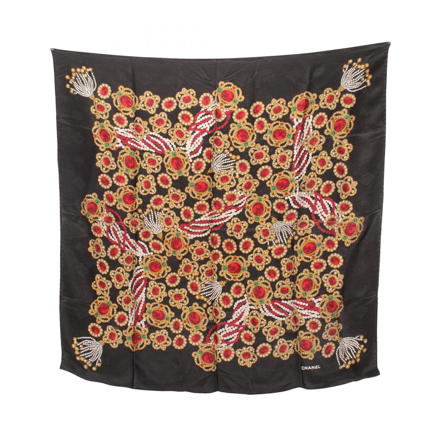 Chanel Silk Scarf Black Multicolor