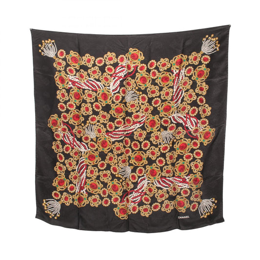 Chanel Silk Scarf Black Multicolor
