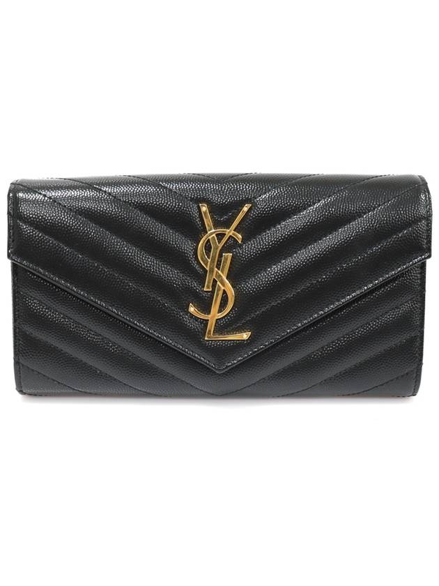 Saint Laurent 372264 Black Grande Poudre Textured Matelasse Large Monogram Gold Flap Long Wallet