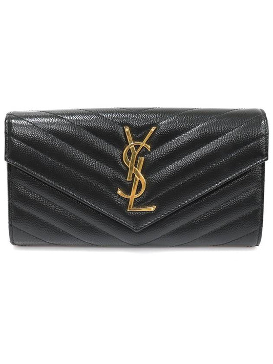 Saint Laurent 372264 Black Grande Poudre Textured Matelasse Large Monogram Gold Flap Long Wallet