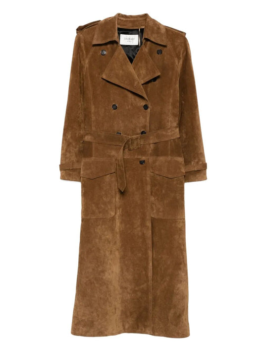 Saint Laurent Women Long Double-Breasted Suede Trench Coat