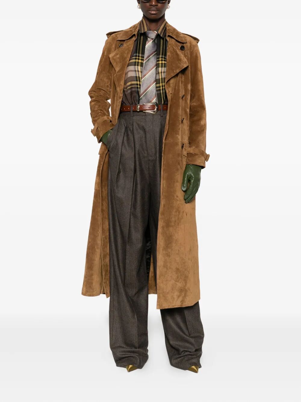 Saint Laurent Women Long Double-Breasted Suede Trench Coat