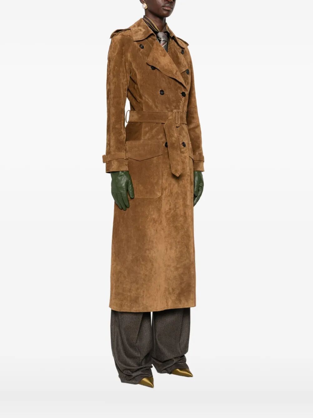 Saint Laurent Women Long Double-Breasted Suede Trench Coat